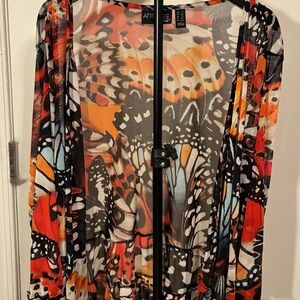 Attitudes by Renee 1X EUC Black Multi-Color Butterfly Print Sheer Mesh Cardigan